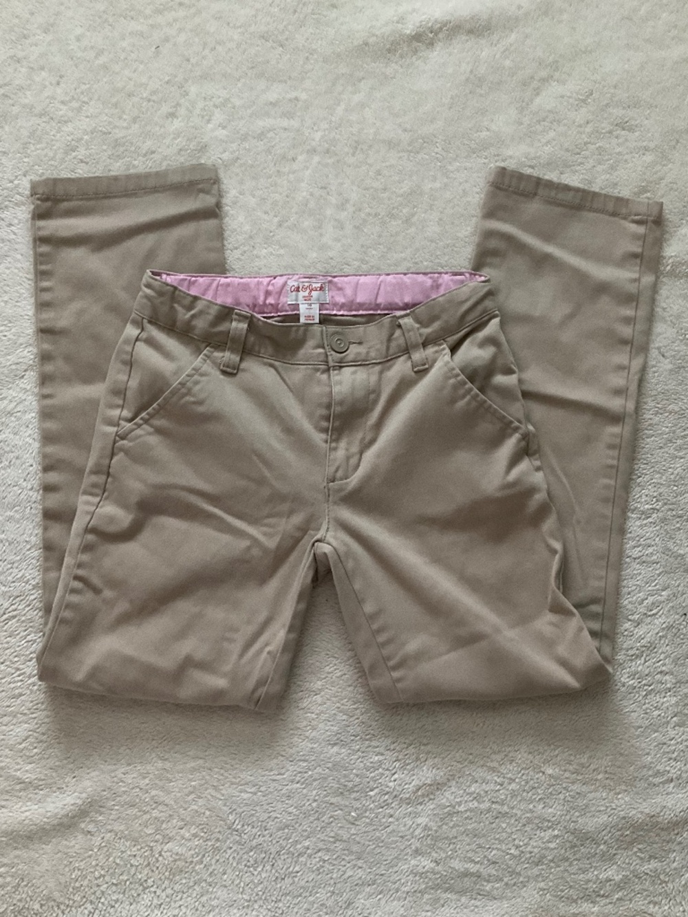 Cat & Jack straight light khaki chino pants with pink waistband, size 10